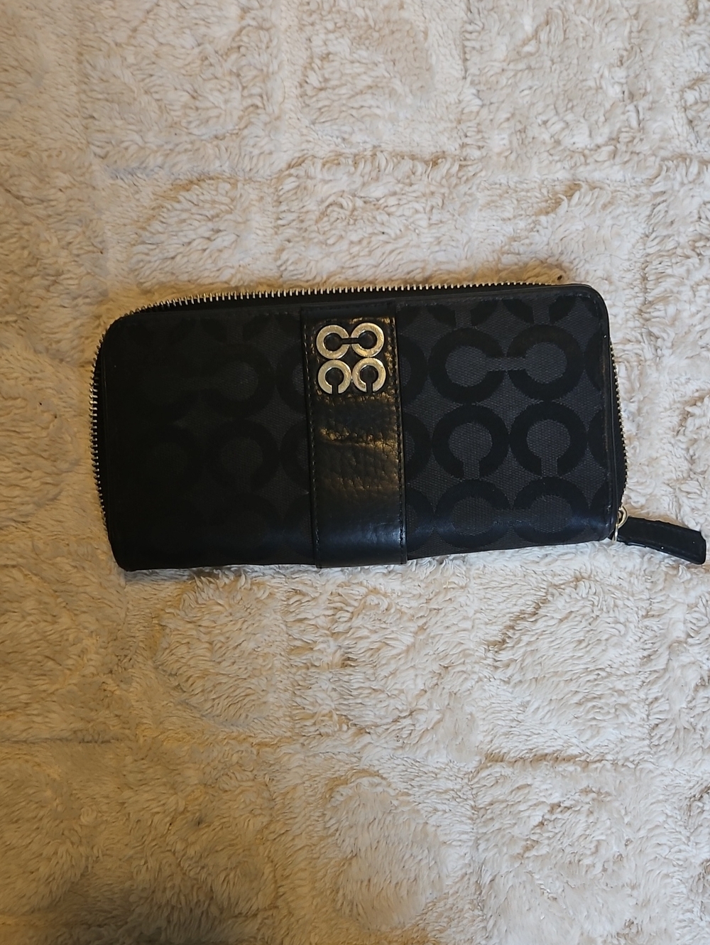 Coach Black Signature Zip Wallet with Silver Logo